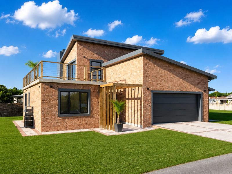 Modern double-story brick home featuring a spacious balcony, integrated double garage, and a timber pergola entrance set within a well-maintained lawn.
