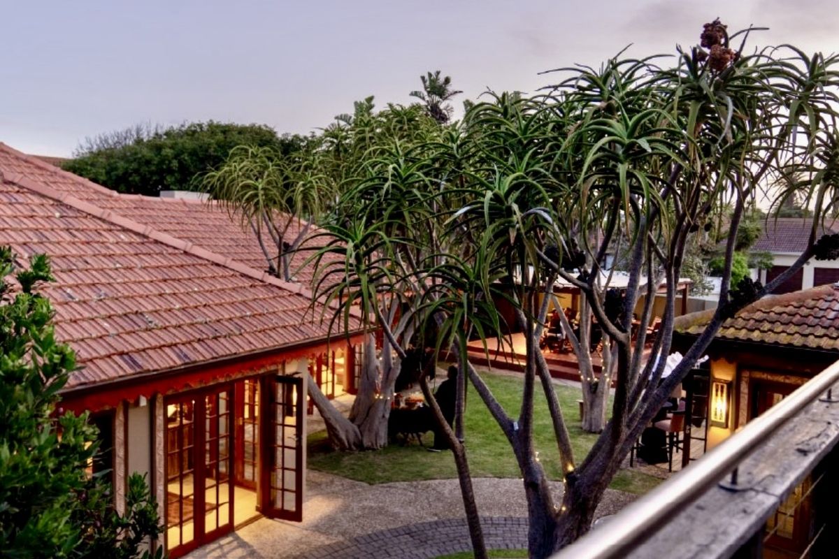 Elevated view of a well-maintained rear garden featuring a paved walkway, mature trees, and direct access to the building via timber-framed glass doors.