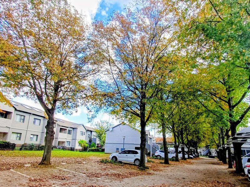 Exterior view of a townhouse complex featuring paved parking areas, covered bays, and mature trees within a well-established residential setting.