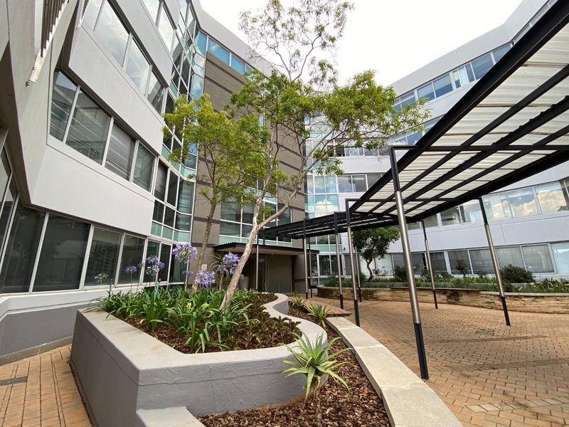 A modern commercial courtyard featuring paved walkways, covered access paths, and landscaped raised planter beds set against a multi-story glass and steel building facade.