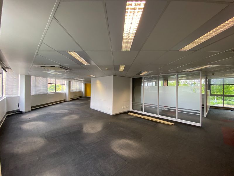 Open-plan commercial office space featuring suspended ceilings, recessed lighting, glass partitioning, and large windows with venetian blinds.