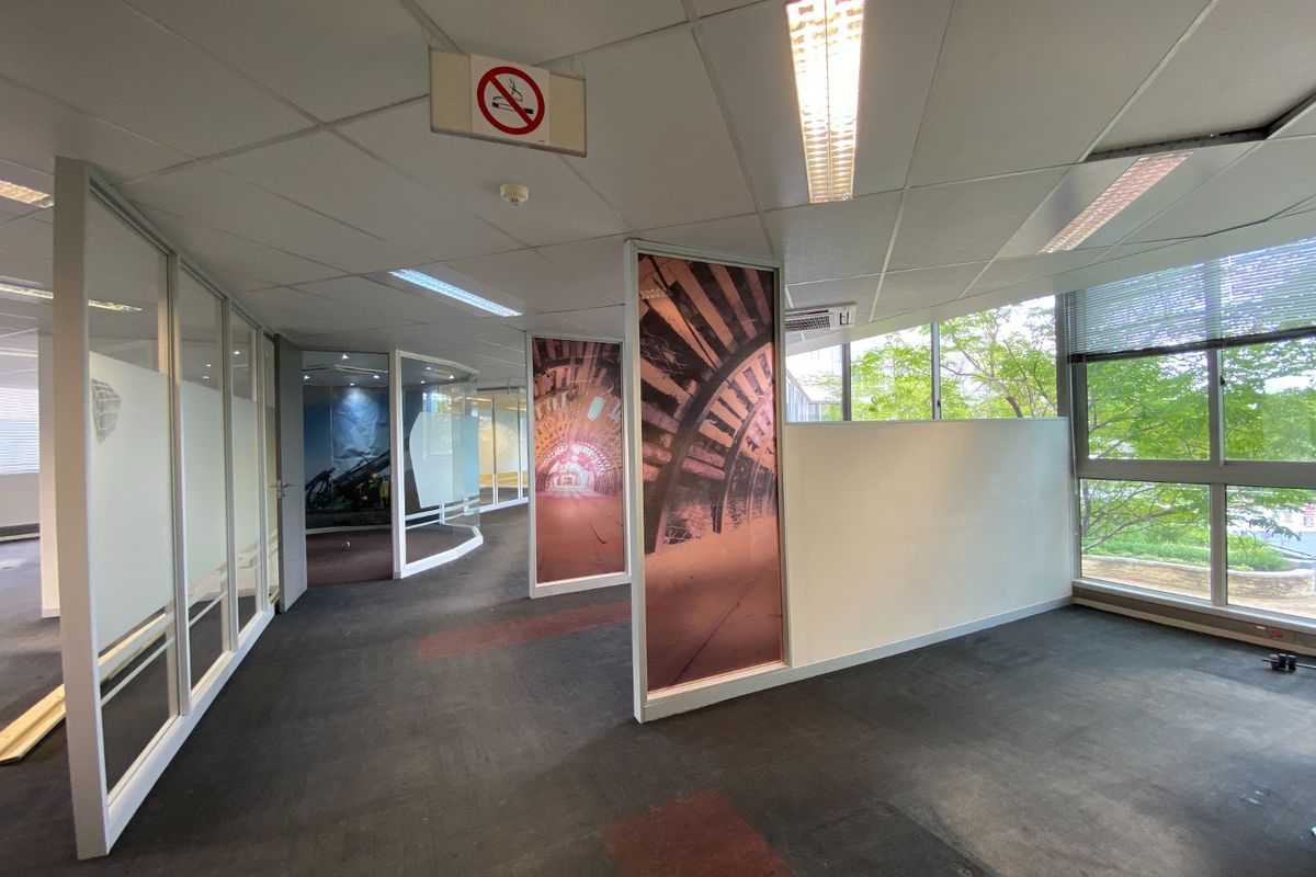 Open plan commercial office space featuring glass partitions, large windows with natural light, suspended ceilings, and carpeted flooring.