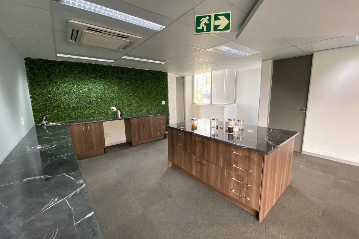 A modern commercial kitchenette featuring dark wood cabinetry, marble-effect countertops, a stainless steel sink, and integrated ceiling lighting in a professional office environment.