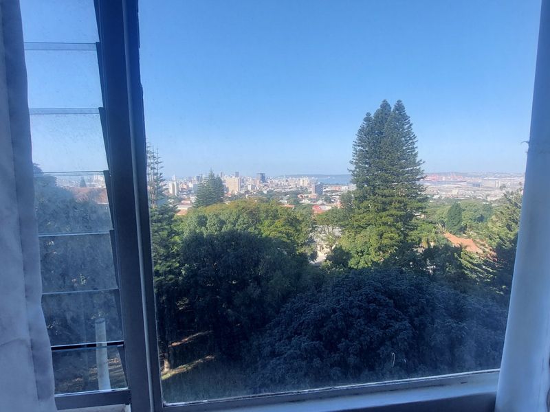 A clear elevated view of the city skyline and surrounding greenery captured through a louvre window.