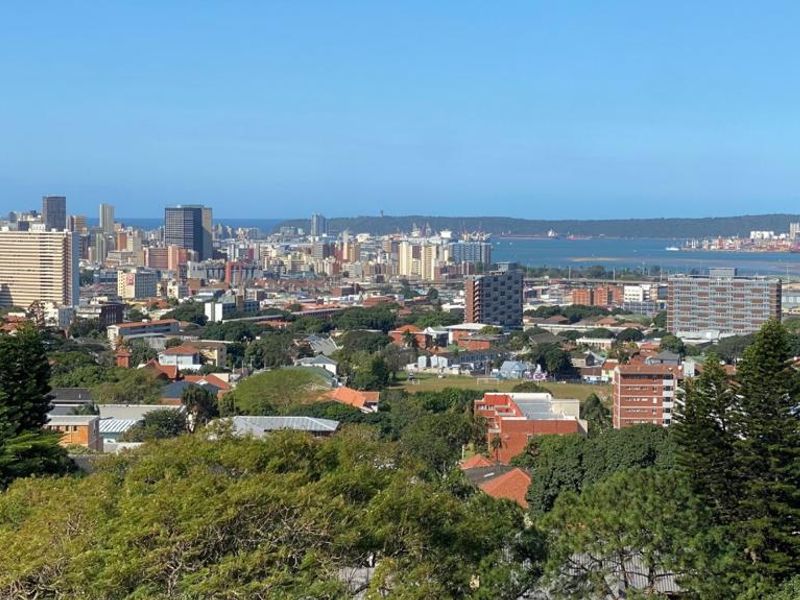An elevated panoramic view overlooking the city skyline, urban landscape, and coastal harbour area.