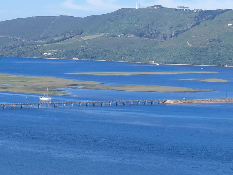 A scenic elevated view of the lagoon, bridge, and surrounding coastal landscape.