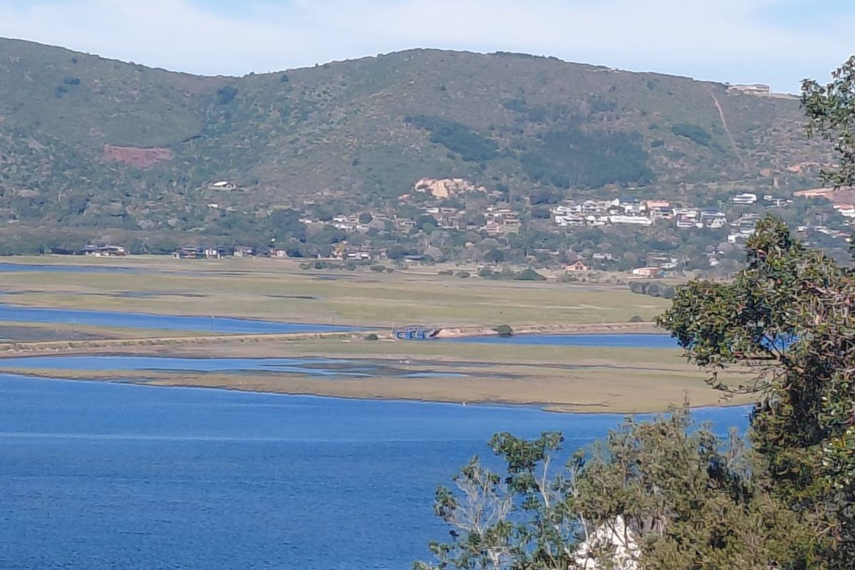 A scenic landscape view overlooking a large body of water with wetlands and distant hills in the background.