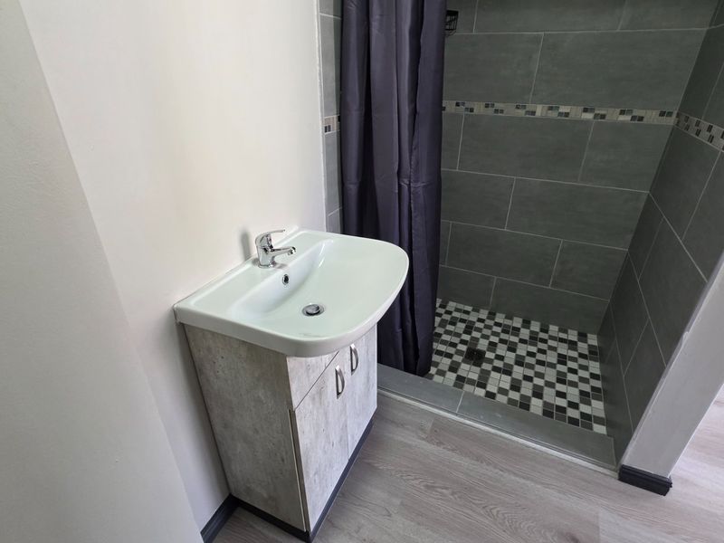 A modern bathroom featuring a vanity cabinet with a ceramic basin, a walk-in shower with grey wall tiles, and mosaic floor tiling.
