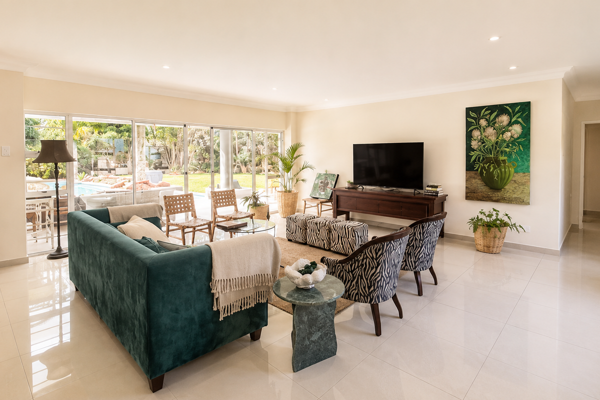 Spacious living room featuring large sliding glass doors that provide seamless access to the outdoor pool area and abundant natural light.