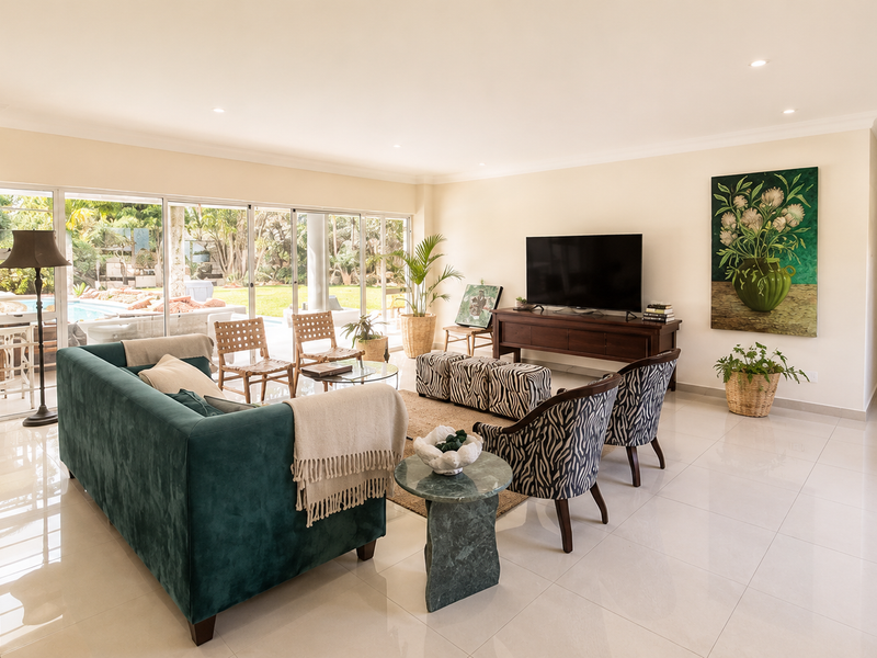 Spacious living room featuring large sliding glass doors that provide seamless access to the outdoor pool area and abundant natural light.