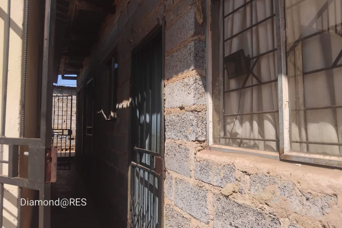 A narrow exterior side passage featuring exposed concrete block walls, security gates, and metal window bars.