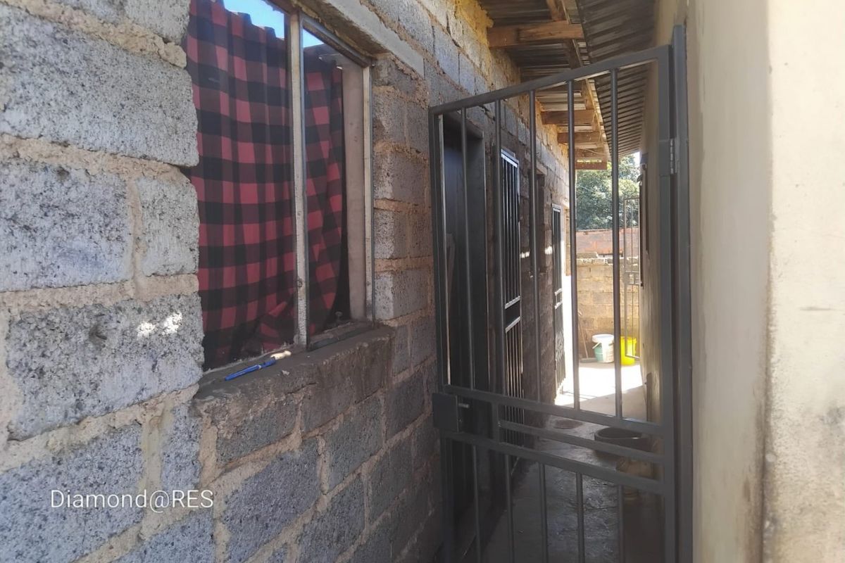 A narrow exterior side passage featuring exposed concrete block walls, a metal security gate, and basic window frames.