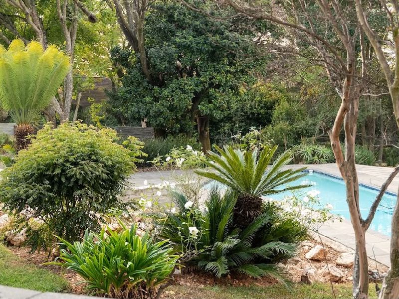 A well-maintained swimming pool area surrounded by established garden landscaping and paved decking, offering a private outdoor retreat.