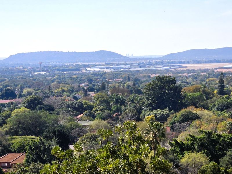 An expansive elevated view overlooking a lush, tree-filled suburban landscape with distant hills on the horizon.