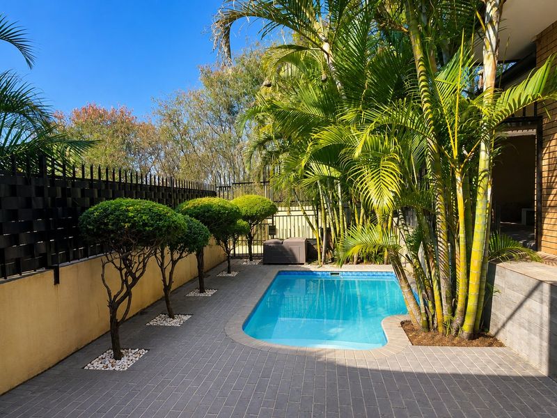 A well-maintained outdoor pool area featuring a paved patio, established palm trees, and secure boundary walling.