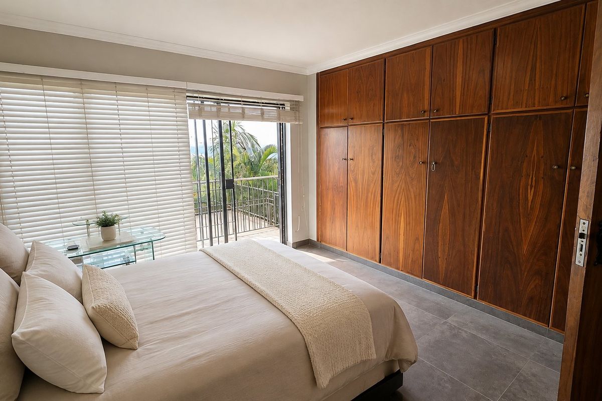 A well-maintained bedroom featuring extensive built-in wooden cabinetry, modern tiled flooring, and a sliding door leading to a private balcony.