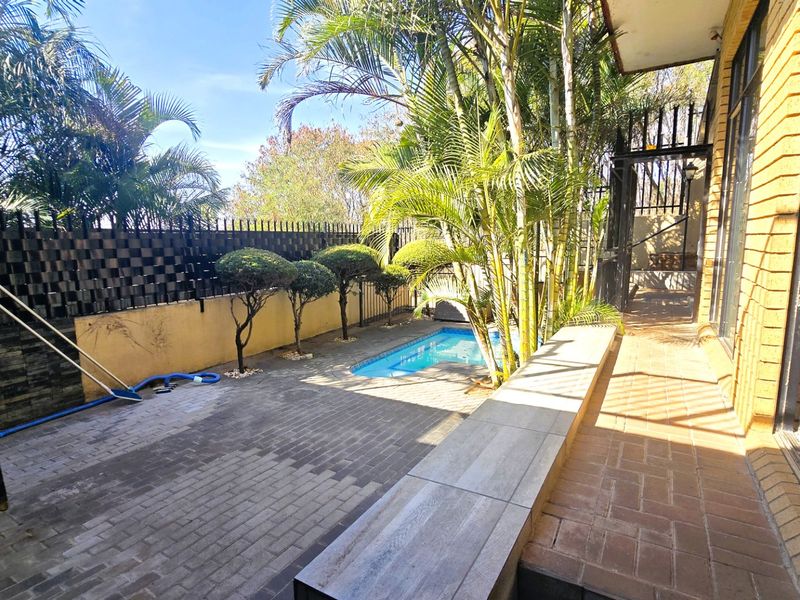 Outdoor pool area featuring a paved patio, built-in bench seating, and perimeter fencing, surrounded by established palm trees and garden landscaping.