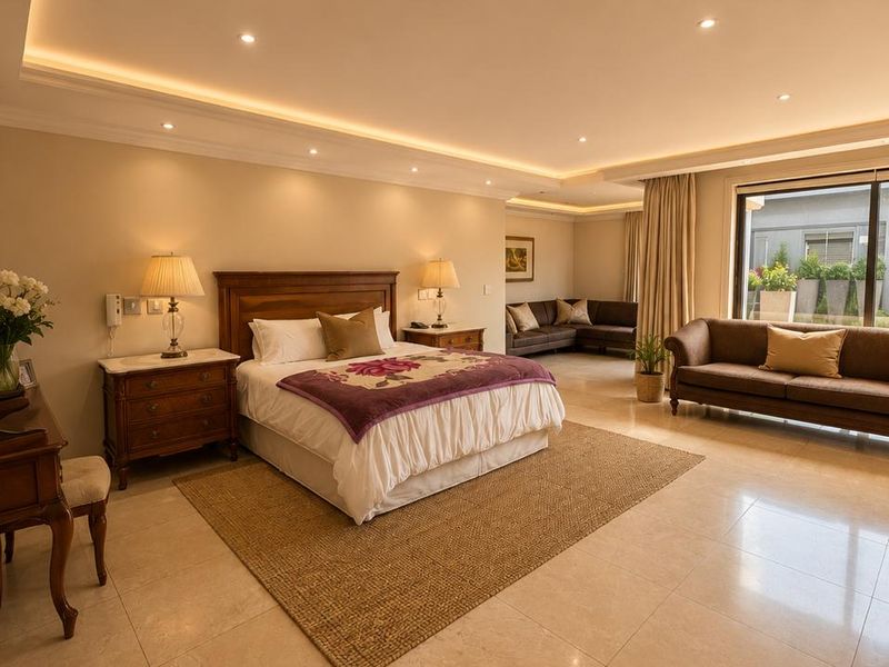 Spacious primary bedroom featuring elegant marble flooring, recessed cove lighting, and direct access to an outdoor patio area through large sliding glass doors.
