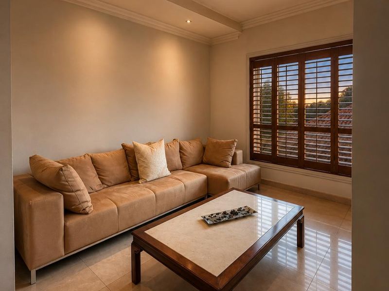 A well-maintained living room featuring polished tile flooring, recessed ceiling lighting, crown molding, and wooden plantation shutters.