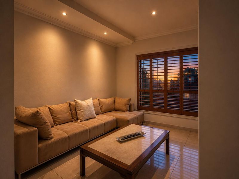 A cozy living room featuring tiled flooring, recessed ceiling lighting, crown molding, and wooden plantation shutters with a sunset view.