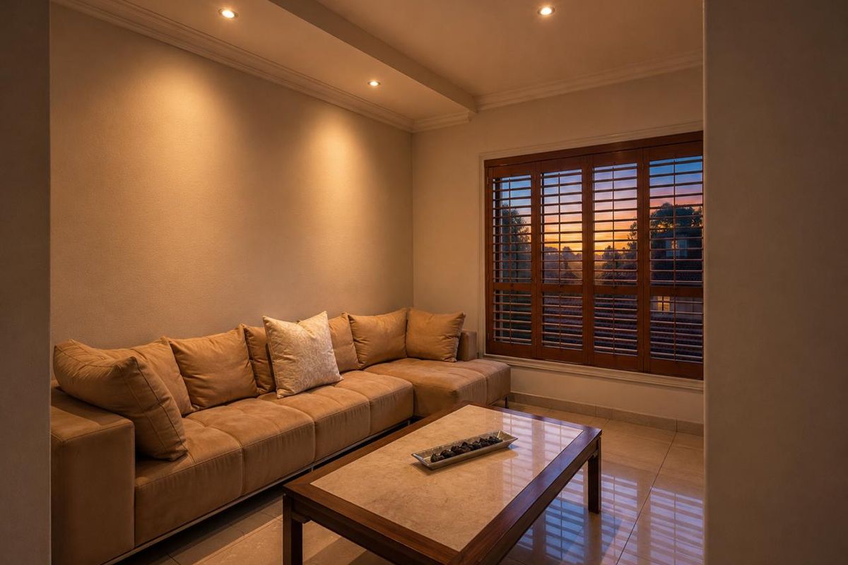A cozy living room featuring tiled flooring, recessed ceiling lighting, crown molding, and wooden plantation shutters with a sunset view.