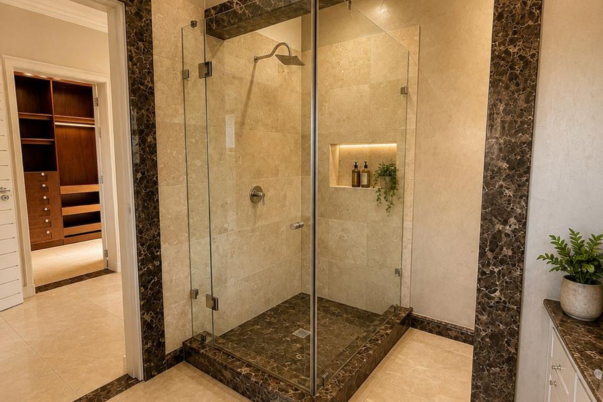 Modern bathroom featuring a frameless glass shower with marble accents, built-in niche lighting, and high-quality stone tile finishes throughout.