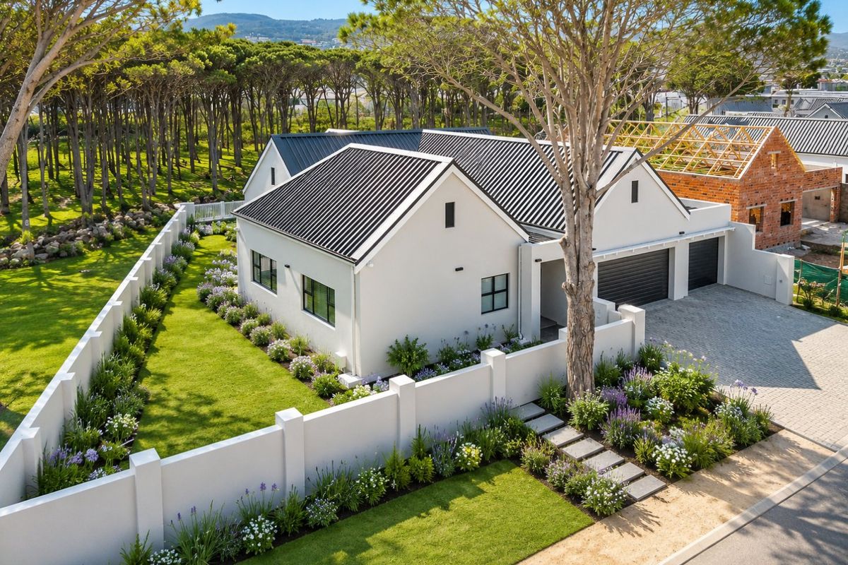 Aerial view of a modern house featuring a metal roof, double garage, paved driveway, and a well-maintained landscaped garden with boundary walls.