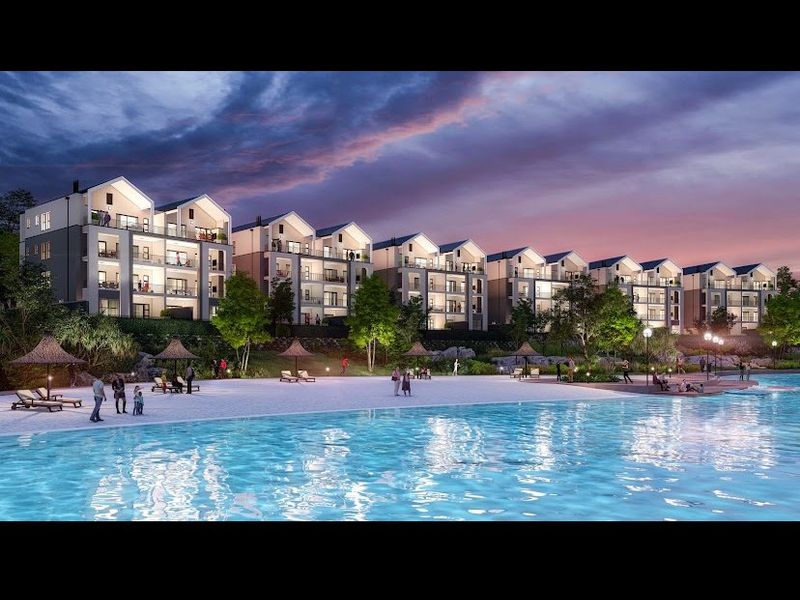 A high-quality architectural rendering of a modern apartment complex featuring a large swimming pool and landscaped outdoor recreational area at dusk.