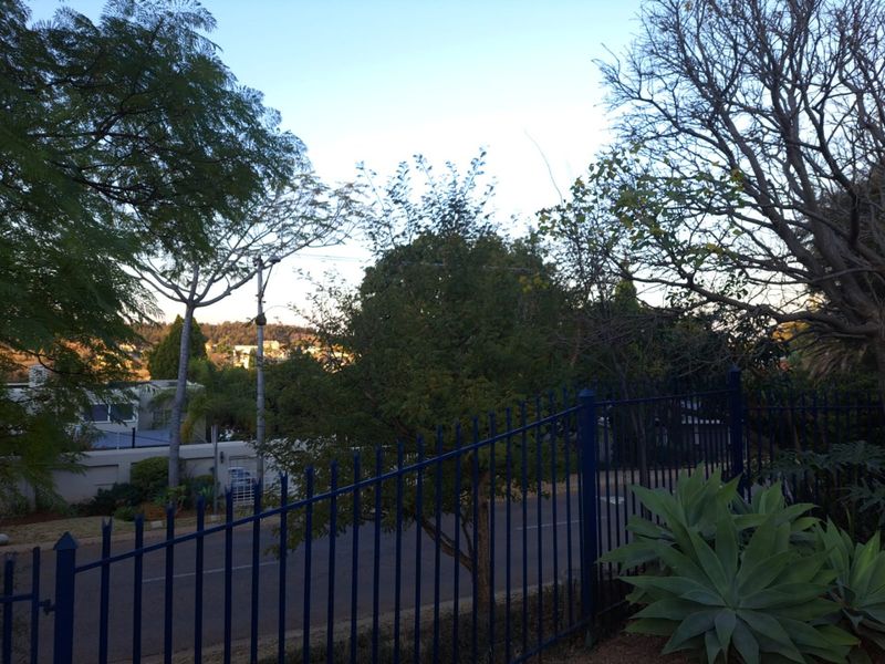 A view of the street frontage featuring established trees and secure metal perimeter fencing.