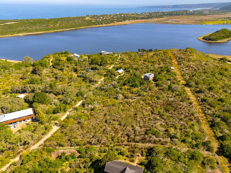 An aerial view of a coastal residential area featuring natural vegetation, surrounding estuary, and distant ocean views.