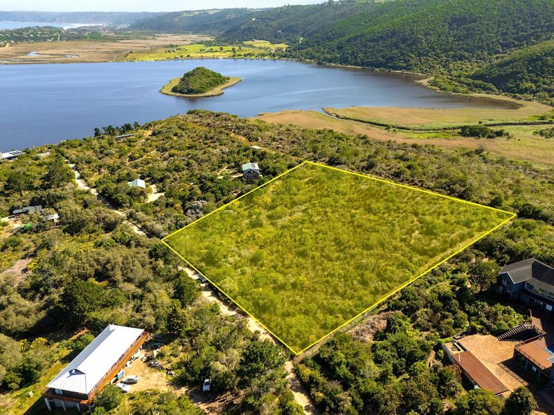 Aerial view of a vacant residential plot featuring natural vegetation with scenic lagoon and landscape views in the background.
