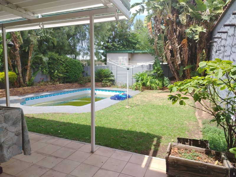 A backyard view featuring a covered patio, a lawn, and a swimming pool requiring maintenance.