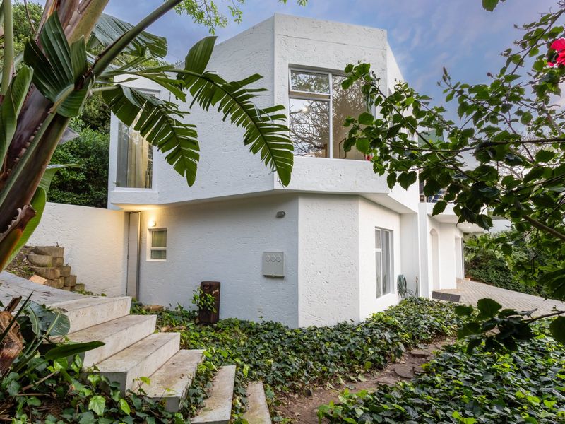 A view of the rear exterior facade featuring a modern white textured finish, concrete stairs, and established garden landscaping.