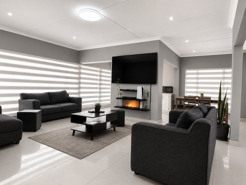 Spacious open-plan living area featuring modern tiled flooring, recessed lighting, and a contemporary wall-mounted electric fireplace with integrated shelving.