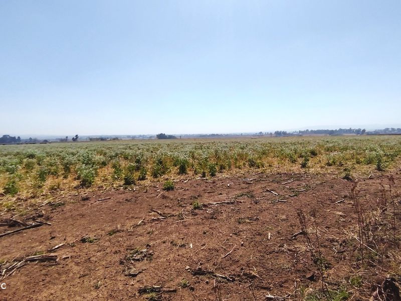 A wide-angle view of a vacant residential land plot featuring open fields and perimeter wire fencing under a clear sky.