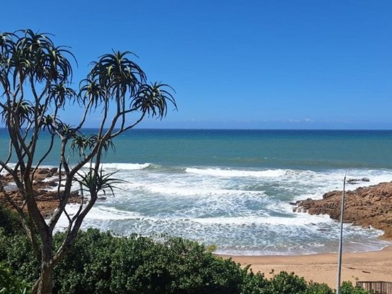 A scenic ocean view featuring rocky coastline, sandy beach, and native vegetation, showcasing the property's prime coastal location.