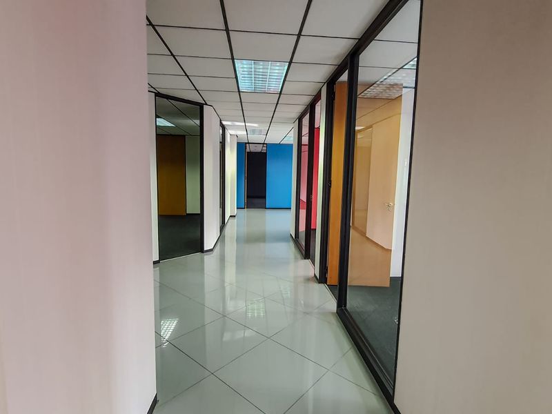 A bright commercial hallway featuring tiled flooring, suspended ceilings with recessed lighting, and glass partition walls leading to multiple office spaces.