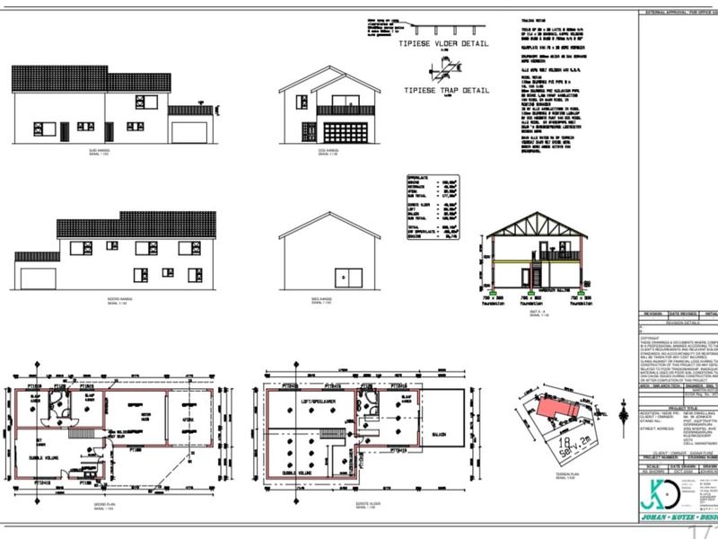 Architectural floor plans and elevation drawings for a proposed residential dwelling, including site layout and construction details.