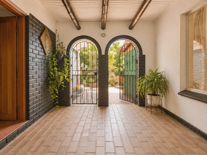 A covered patio area featuring exposed timber ceiling beams, tiled flooring, and arched wrought iron security gates leading to the garden.
