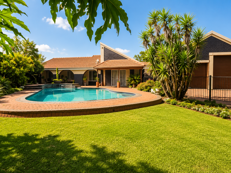 A well-maintained backyard featuring a swimming pool with brick coping, a manicured lawn, landscaped garden beds, and a detached garage.