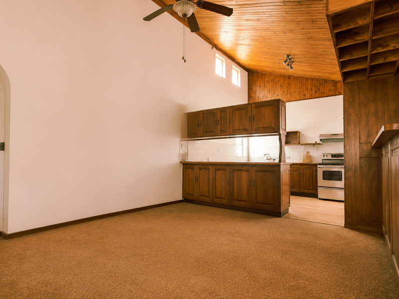 Spacious open-plan living area featuring a timber-clad vaulted ceiling, built-in wooden cabinetry, a bar counter, and a functional kitchen with a stove and extractor.