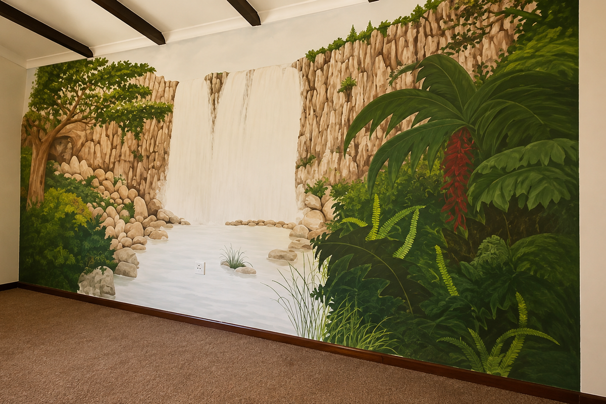 An empty bedroom featuring a large, detailed waterfall mural on the feature wall, exposed ceiling beams, and neutral carpeting.