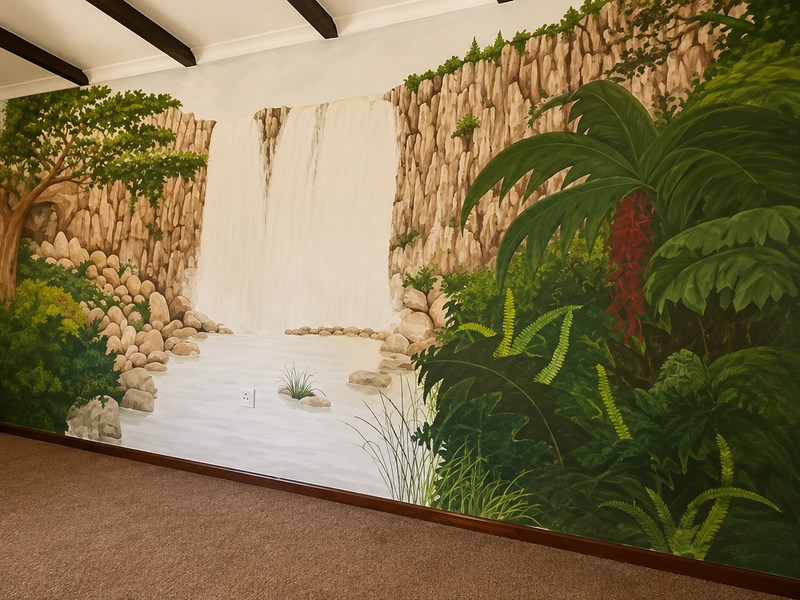 An empty bedroom featuring a large, detailed waterfall mural on the feature wall, exposed ceiling beams, and neutral carpeting.