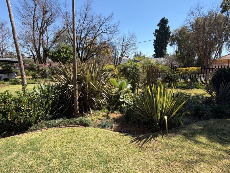 A well-established residential garden featuring mature shrubs, manicured lawn areas, and secure perimeter fencing.