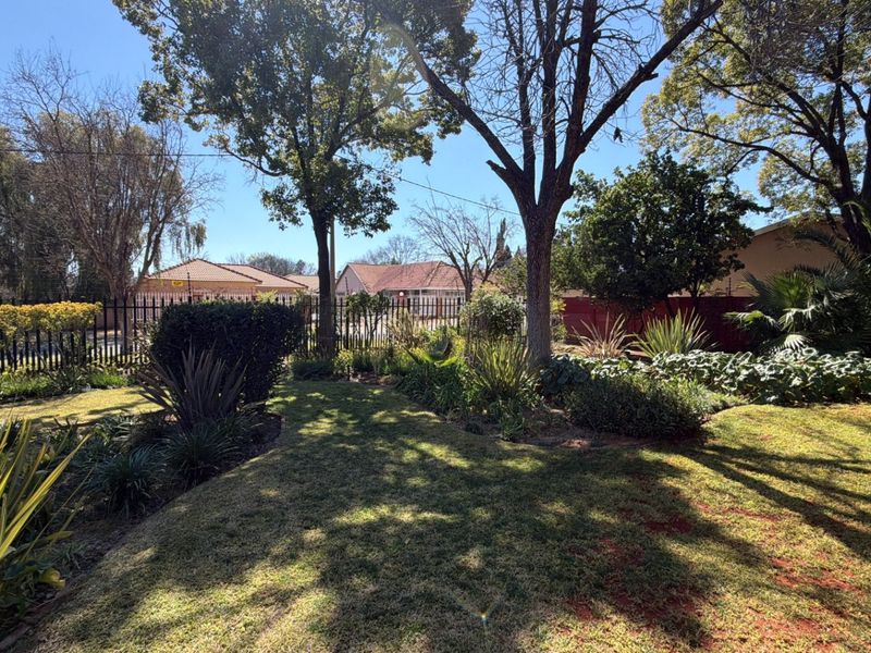 A well-maintained residential garden featuring mature trees, established landscaping, and secure metal perimeter fencing.