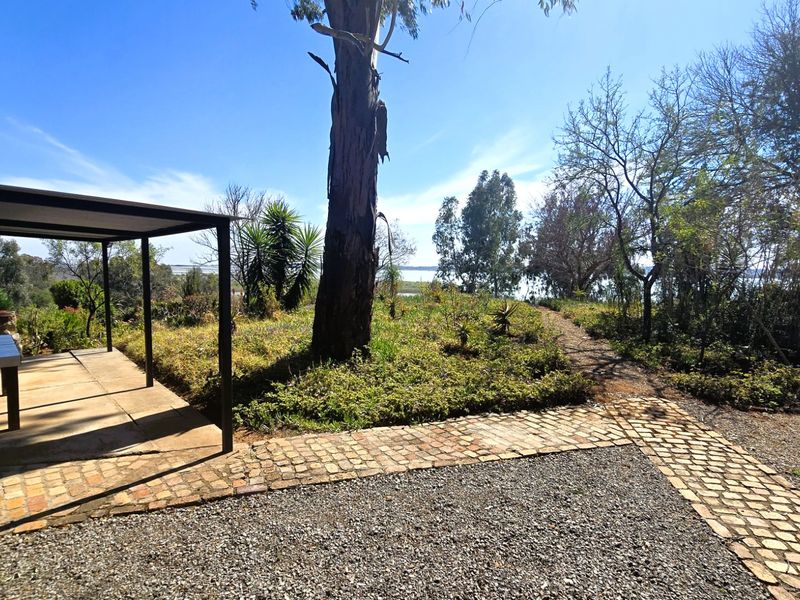 A covered outdoor patio area featuring cobblestone paving, overlooking a spacious garden with mature trees and a gravel driveway.
