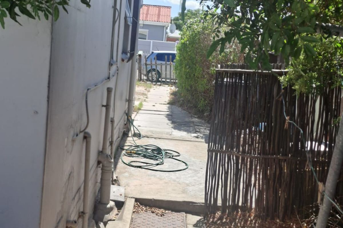 A narrow side passage of the property featuring a concrete walkway, external plumbing, and natural reed fencing along the boundary.