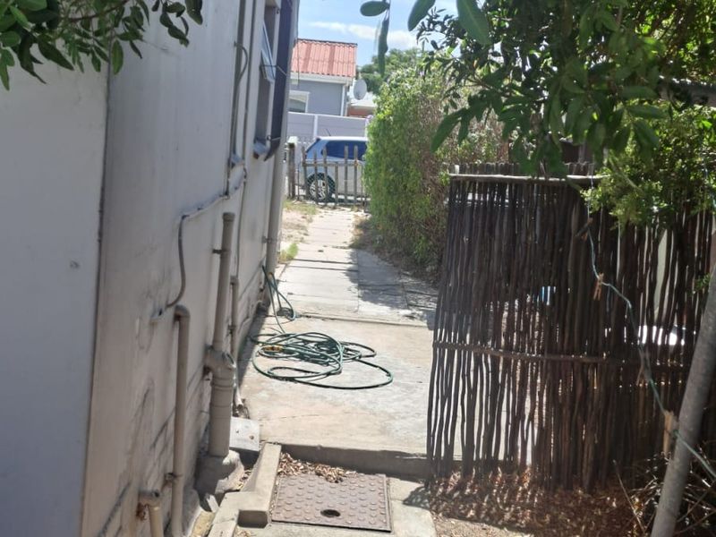 A narrow side passage of the property featuring a concrete walkway, external plumbing, and natural reed fencing along the boundary.