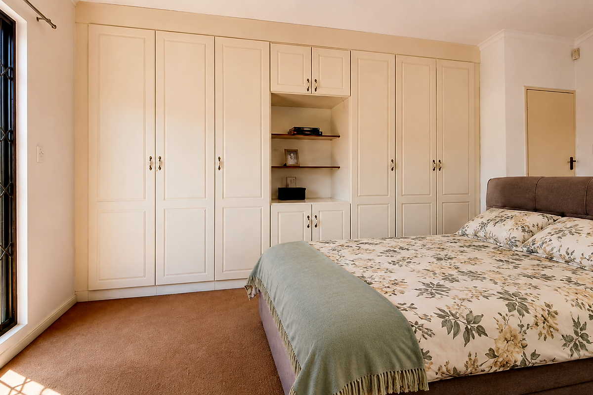 A well-maintained bedroom featuring extensive built-in cabinetry, carpeted flooring, and a large window fitted with a security gate.