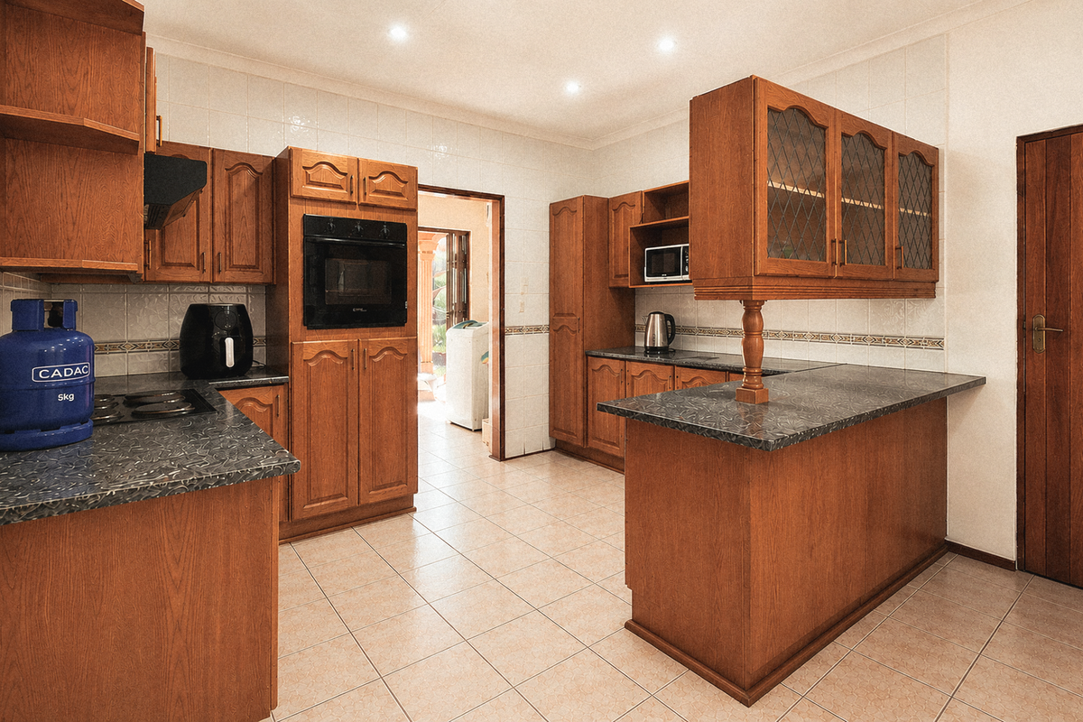 Traditional kitchen featuring extensive wooden cabinetry, laminate countertops, built-in oven, and tiled finishes, offering a functional layout with potential for modern updates.